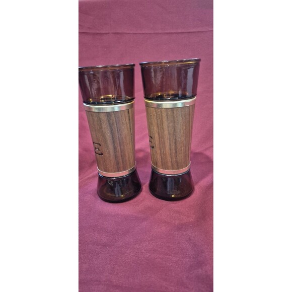 2 Vintage Siesta Ware MCM Amber With Wood Trim Glasses Tiki Bar Brown Gold Tone - Picture 2 of 6